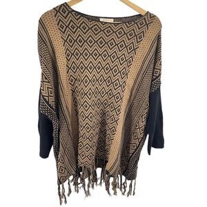 Westbound Womens Poncho Sweater Tassel Pullover Acrylic Blend Black Beige XL